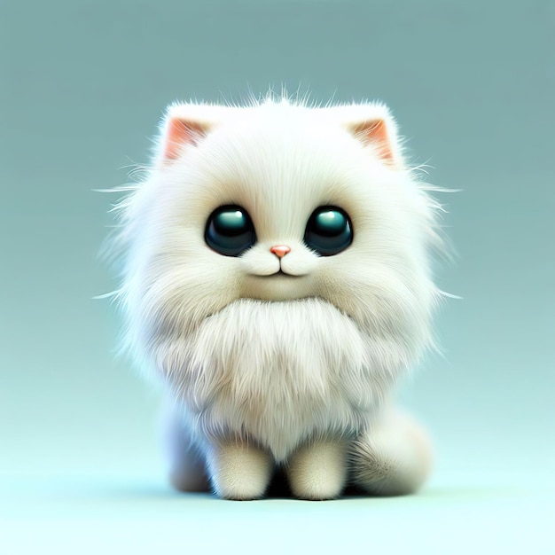큰 눈을 가진 하얀 솜털 고양이가 파란색 배경에 앉아 있습니다.