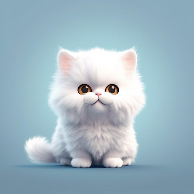 a white fluffy cat with yellow eyes sitting on a blue background