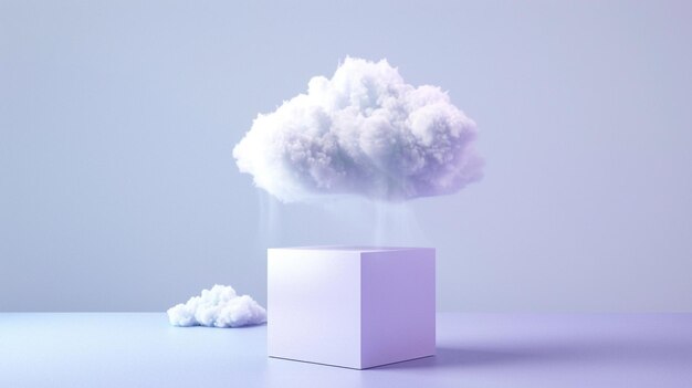 White fluffy cloud above the cube pedestal