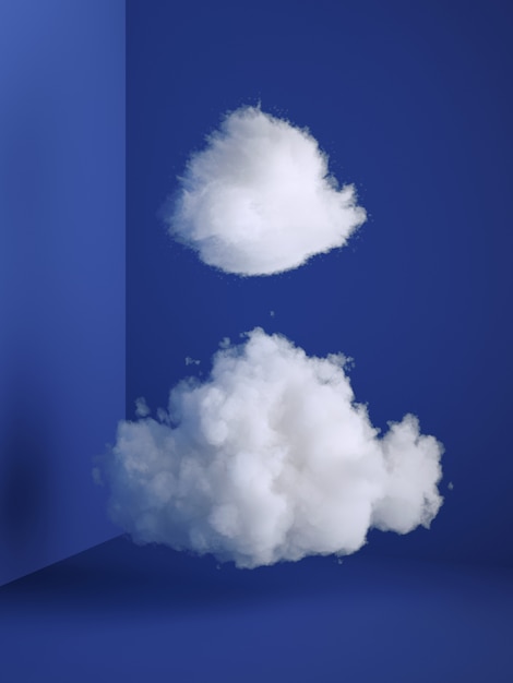 White fluffy clouds levitating inside the minimal room interior