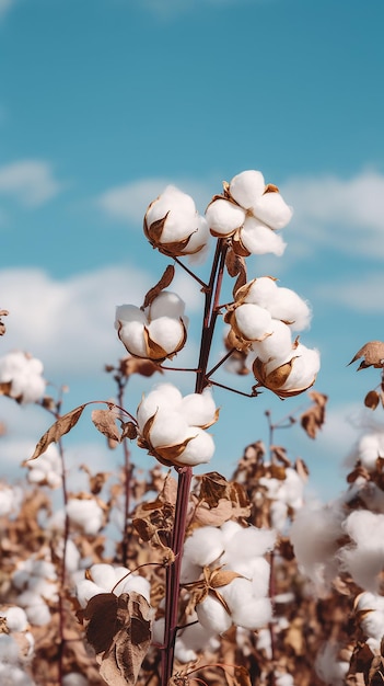 White fluffy cotton in a field blue sky with clouds Cotton growing Vertical banner