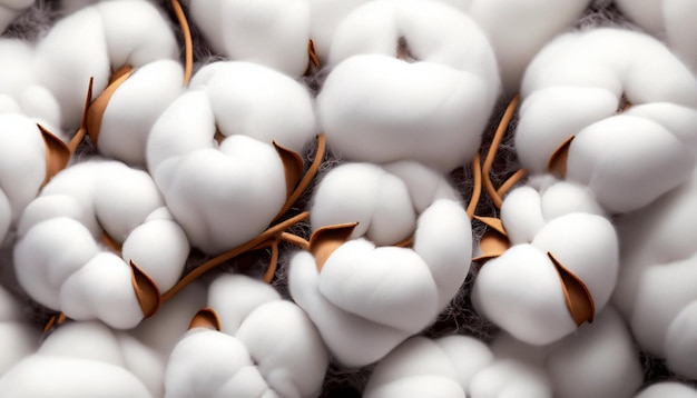 白いふわふわの綿の花をクローズアップ繊細な光の美しさの天然有機繊維の生地を作るための農業原料