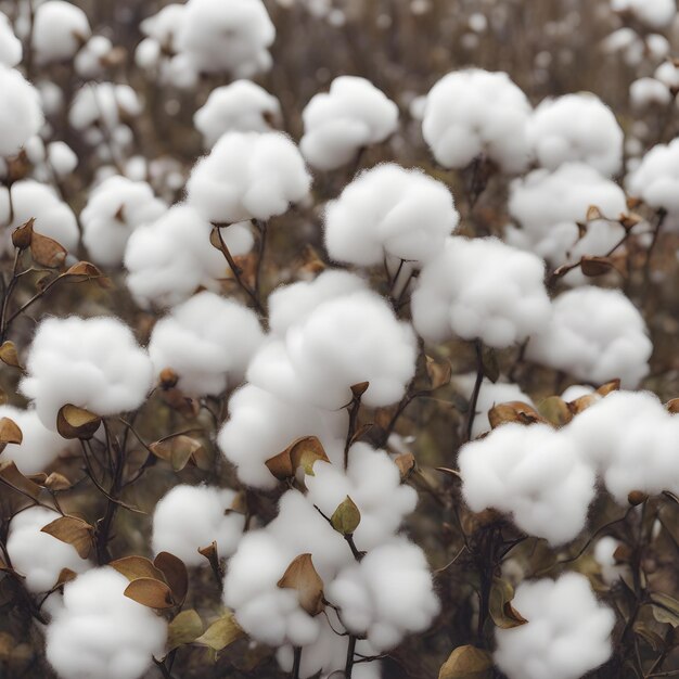 White fluffy cotton flowers in the plant