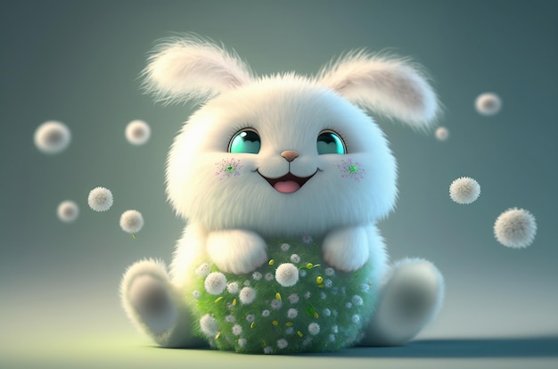 White fluffy cute happy bunny on a natural background