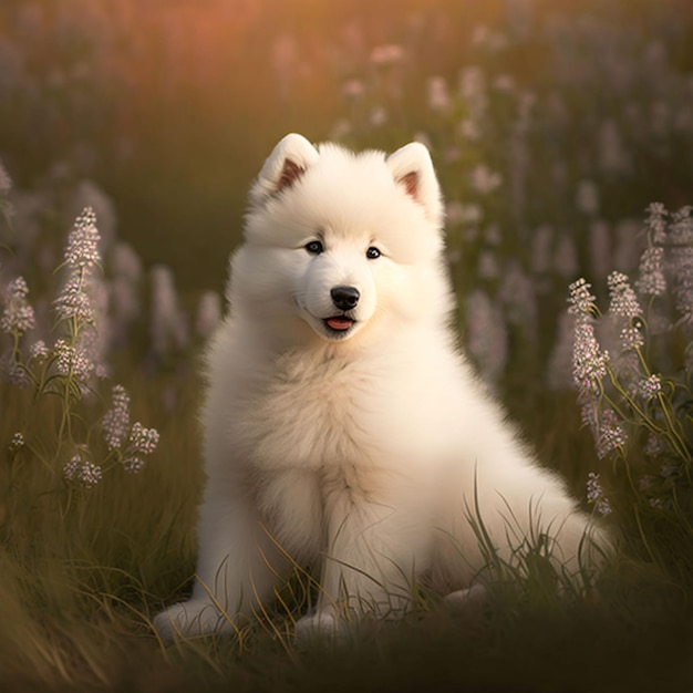 Photo a white fluffy dog is sitting in a field of flowers.