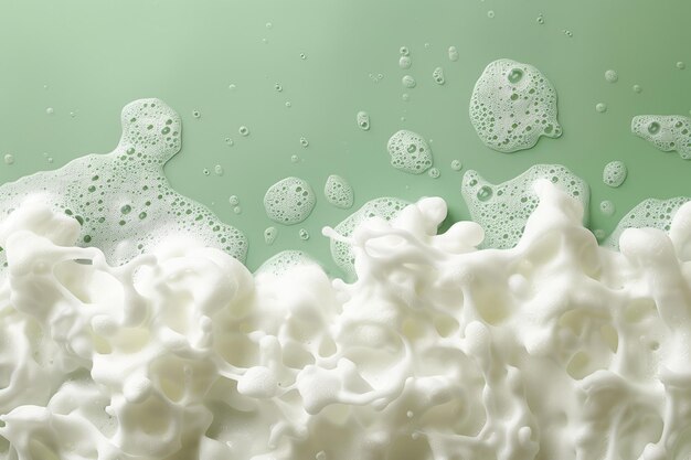 Фото white fluffy foam on green background top view