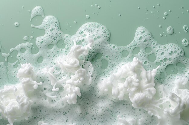 Фото white fluffy foam on green background top view