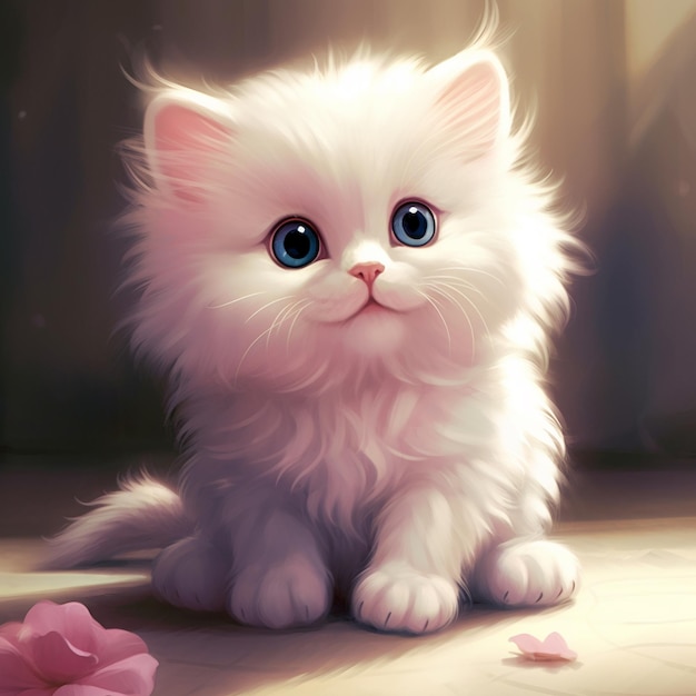 Photo a white fluffy kitten with blue eyes sits on a floor