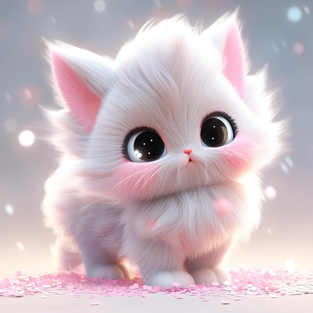 a white fluffy kitten with a pink nose and eyes.