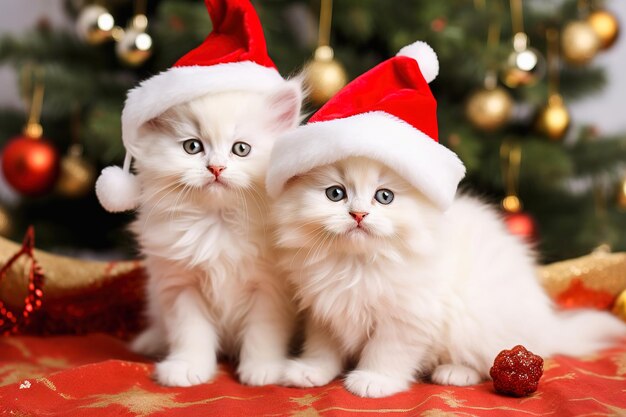 White fluffy kittens in New Years hats for Christmas