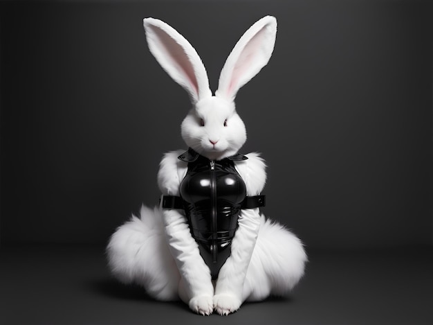 Photo white fluffy rabbit in a black latex costume ai generated