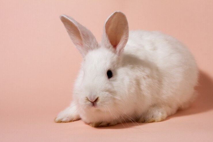 Photo ピンクのパステルカラーの壁に白いふわふわのウサギ。ピンクの壁に分離されたウサギ