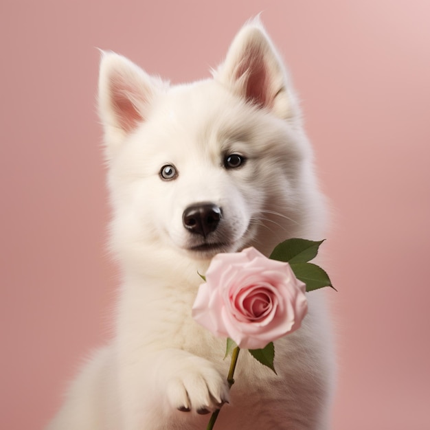 White fluffy small samoyed puppy dog on pink background