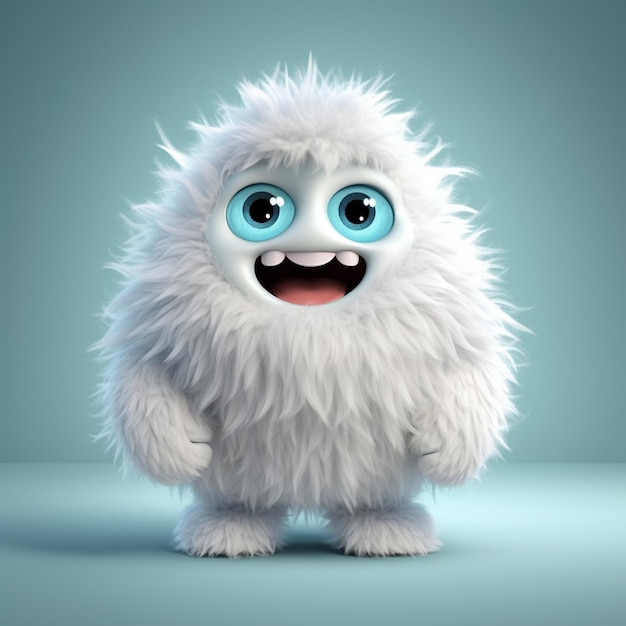 a white fluffy toy with blue eyes and a big blue eyes