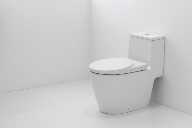 Photo white flush toilet in white bathroom.