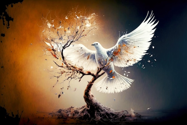 White flying bird symbolizing peace and harmony is world on branch of tree