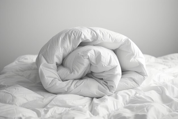 White folded duvet on bed winter prep for home or hotel domestic activities or home textile use