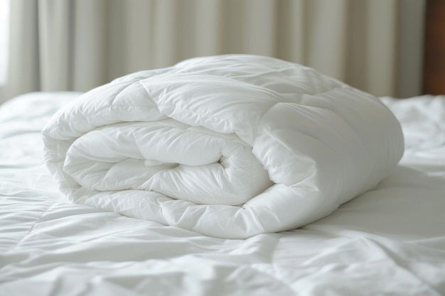 White folded duvet lying on white bed background Preparing for winter season household domestic activities hotel or home textile