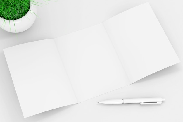 White Folded Mockup Brochure Paper near Pen and Grass in White Ceramics Planter on a white background. 3d Rendering