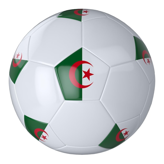 White football ball with flag of Algeria on a white background Isolated Leather soccer ball Classic white ball with patches Flags of countries 3D illustration