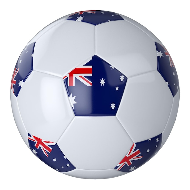 Photo white football ball with the flag of australia on a white background isolated leather soccer ball classic white ball with patches flags of countries 3d illustration