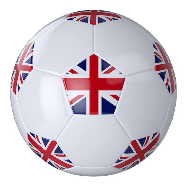 White football ball with flag of Great Britain on a white background Isolated Leather soccer ball Classic white ball with patches Flags of countries 3D illustration