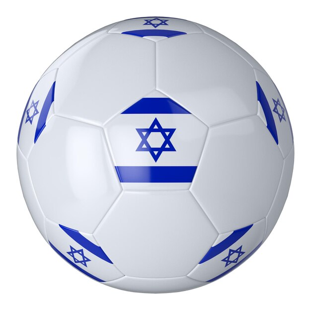 White football ball with flag of Israel on a white background Isolated Leather soccer ball Classic white ball with patches Flags of countries 3D illustration