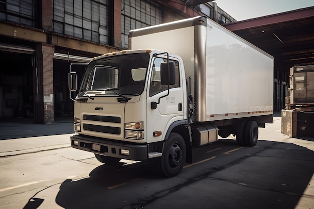 A white ford f - 150 truck is parked in front of a warehouse.