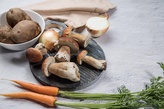 Funghi di bosco bianchi su sfondo chiaro cucinare funghi biologici