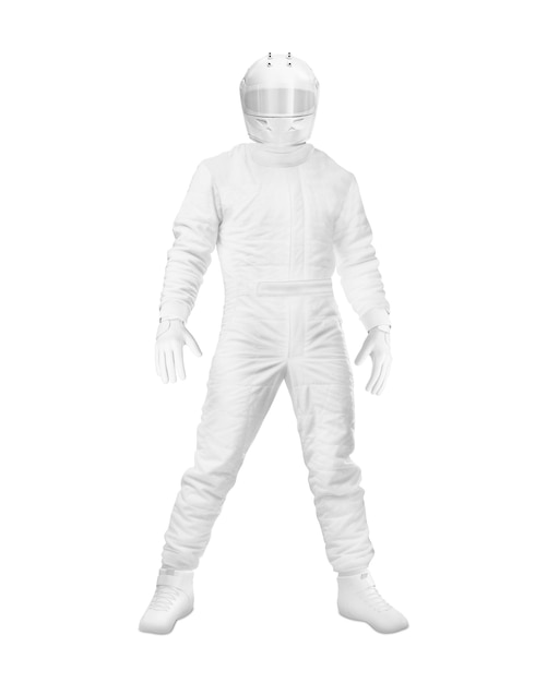 Foto un'uniforme bianca di formula uno su un manichino isolato su uno sfondo bianco