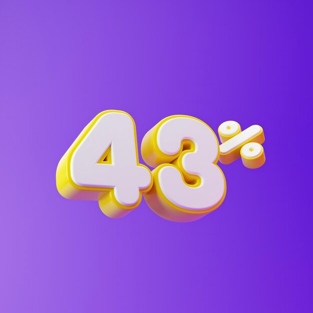 White forty three percent or 43 with yellow outline isolated over purple background 3d rendering