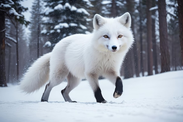 A white fox runs through the snow with the word arctic on the front.