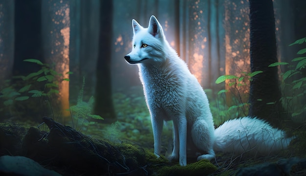 A white fox sits in a forest with the sun shining on it.