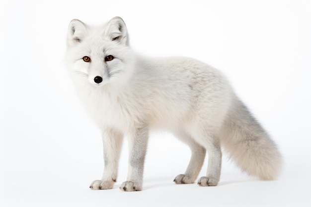 a white fox standing in the snow with a brown eye