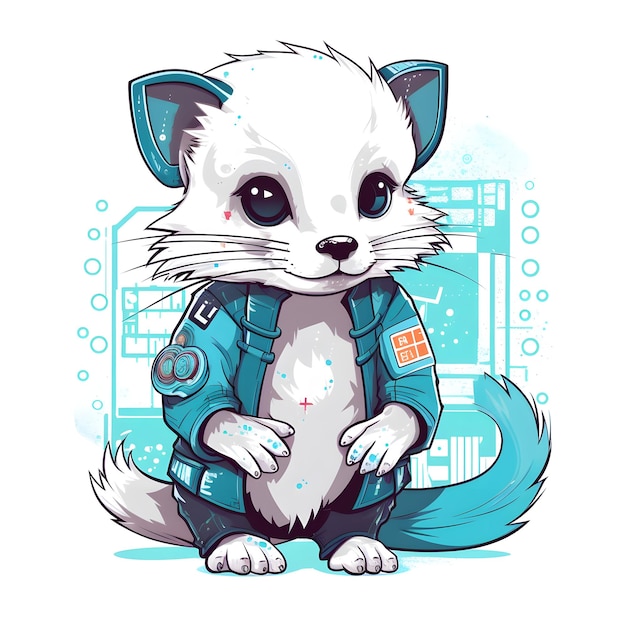 White fox wearing blue jacket and sitting on blue and white background Generative AI