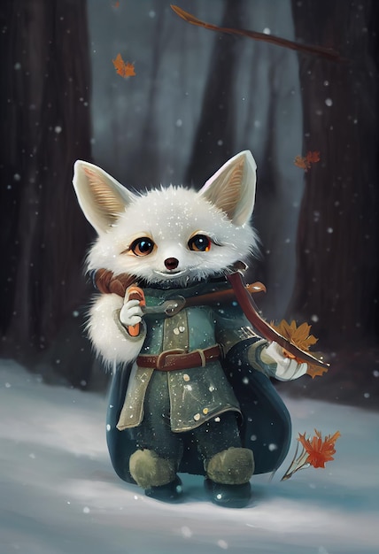 겨울 숲의 하얀 풍경에 흰 여우
