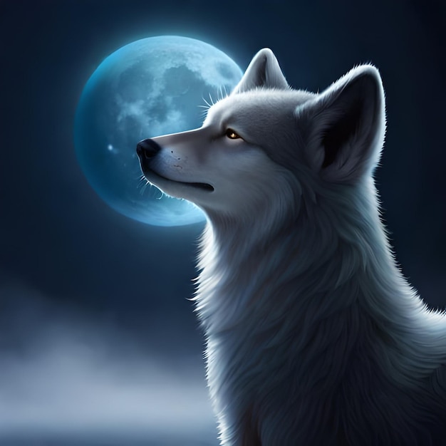 A white fox with the moon in the background