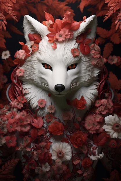 A white fox with red eyes and a red flower on the left side.