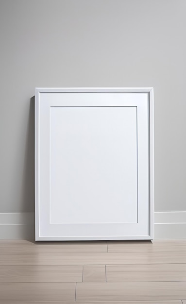 A white frame against a gray wall is against a gray wall.