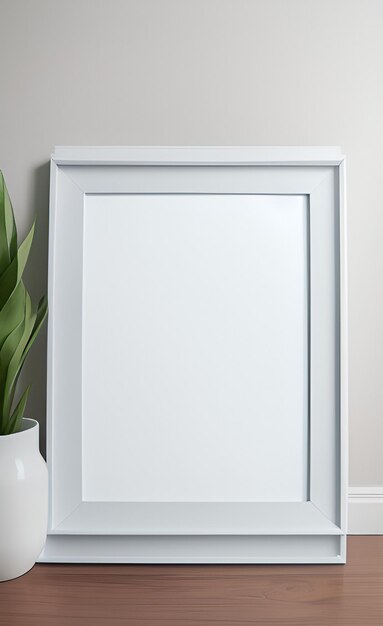 A white frame against a white wall with a plant in the corner.