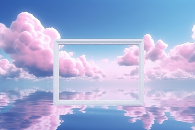 White frame on blue sky with clouds reflected in water