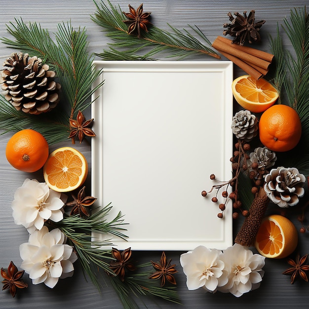 Foto sfondo bianco di natale decorazione di capodanno con coni di pino e arancia