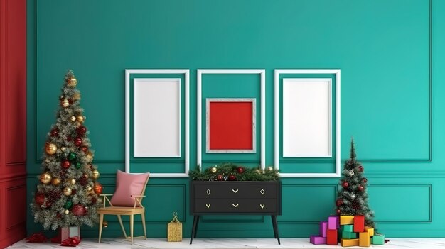 White frame and christmas decorations mock up Generative Ai