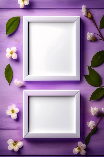 White frame decorated with blooming lilac flowers on rustic wooden background