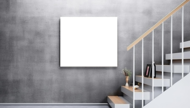 A white frame on a gray wall with a plant on it.