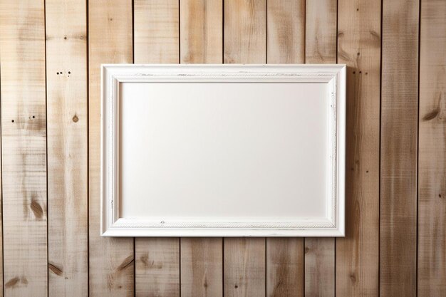 Photo a white frame hanging on a wall with a wooden background