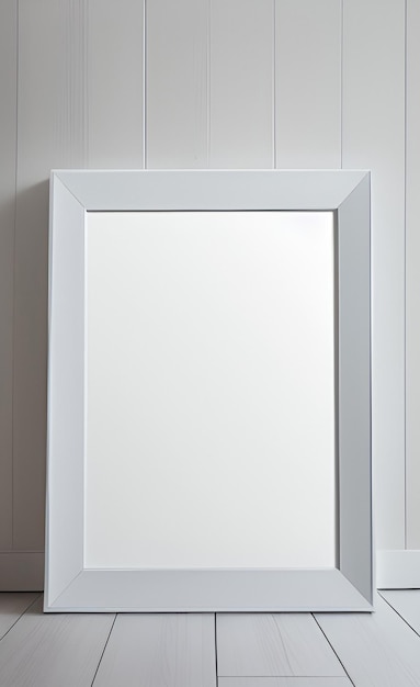 A white frame is against a white wall and has the word " on it. "