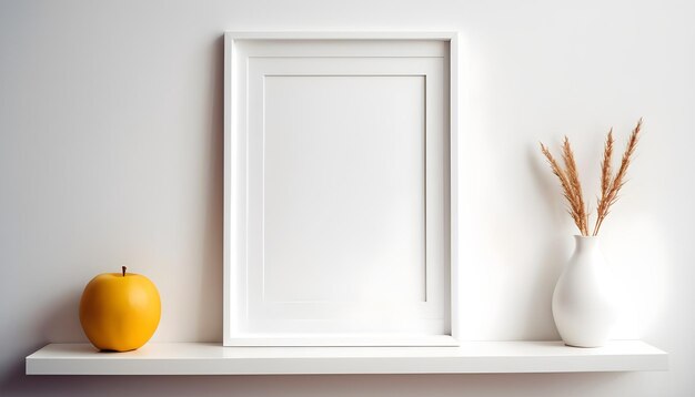 White frame leaning on white shelf in bright interior on empty wall background