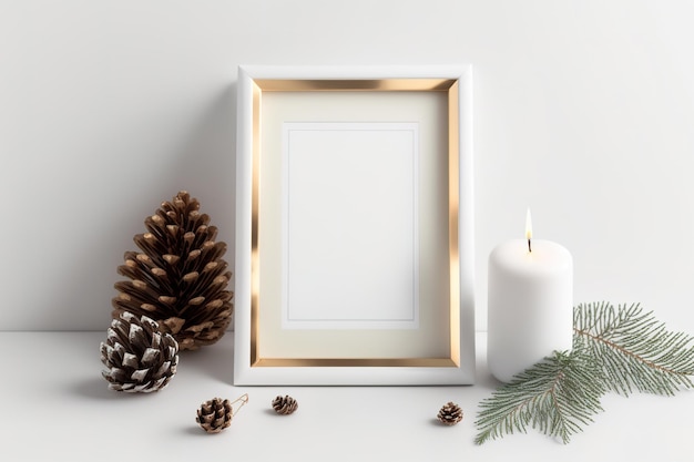 White frame mockup of Christmas decoration with spruce branches and pine cone on a white table with copy space