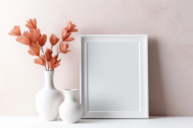 White frame mockup with a vase of flowers with AI generated